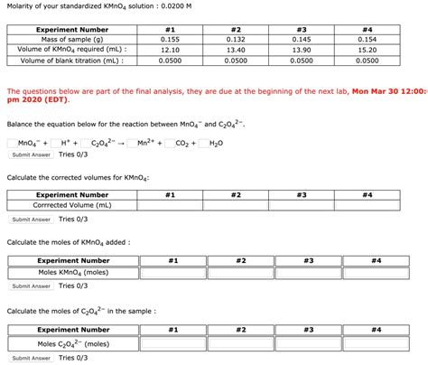 Molarity of your standardized KMnO4 solution : 0.0200 | Chegg.com