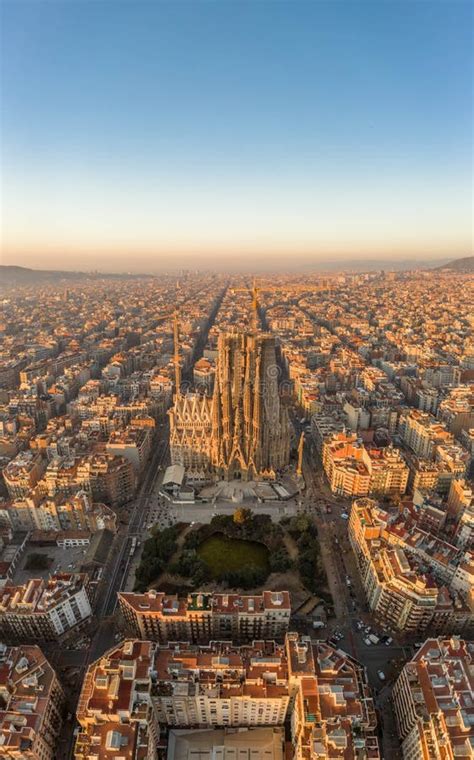 Aerial Drone Shot of Barcelona City Center in Sunrise Golden Hour ...