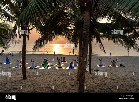 My Khe Beach, Da Nang City, Vietnam - May 17, 2023: Morning exercise on ...