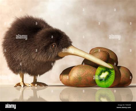 A Kiwi bird stands next to a pile of kiwifruit. Both the animal and the ...