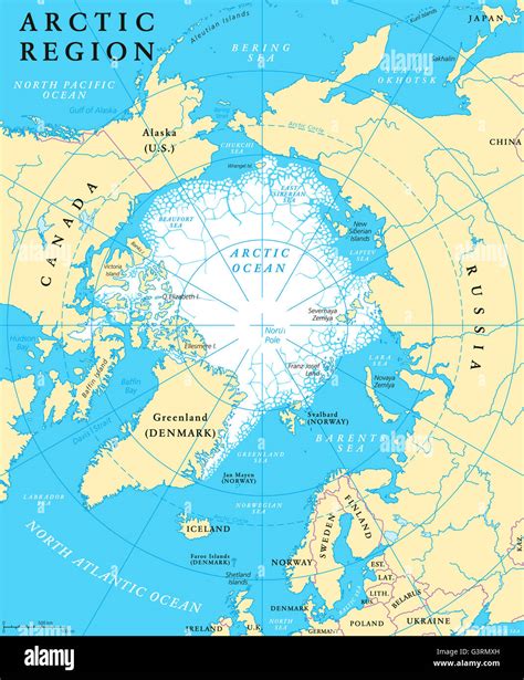 Arctic region map with countries, capitals, borders, rivers and lakes ...