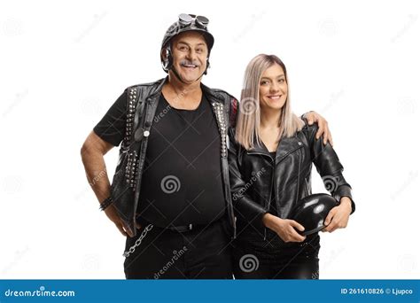 Elderly Biker with a Youn Woman Posing in Leather Clothes Stock Photo ...