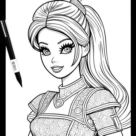 Barbie in coloring book style, black and white, , Pencil Sketch - Arthub.ai