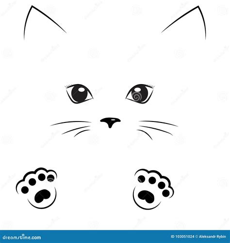 Vector Black Outline Drawing Cat Gir Face with Paws Stock Vector ...