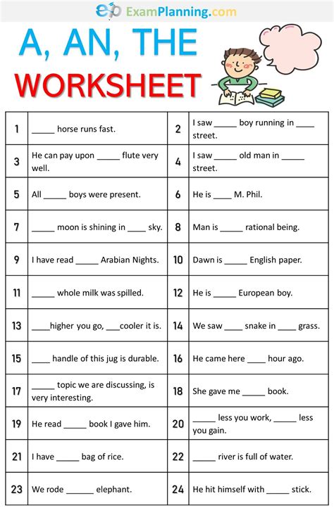 A, An, The Worksheet | English grammar worksheets, Grammar for kids ...