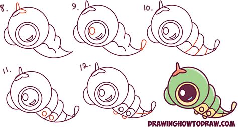 How to Draw Cute / Chibi / Kawaii Caterpie from Pokemon Easy Step by ...