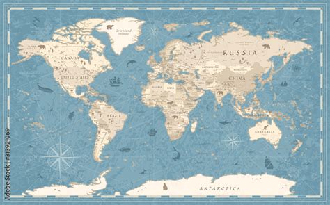 World Map Vintage Old-Style - vector - blue and beige Stock Vector ...