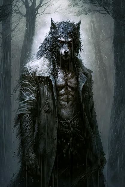 Premium Photo | Male werewolf with head of wolf in a dark foggy forest ...