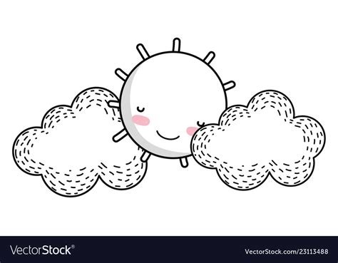 Sun and clouds drawing cartoon Royalty Free Vector Image