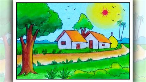 Beautiful Village Scene Drawing - How to draw village scenery, easy ...