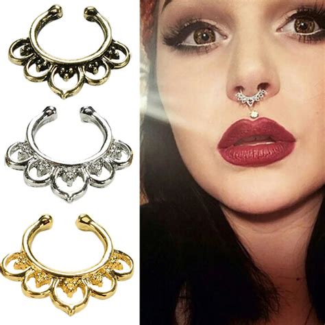 1Pc Women Crystal Gold Faux Piercing Nose Studs Septum Clip Jewelry ...