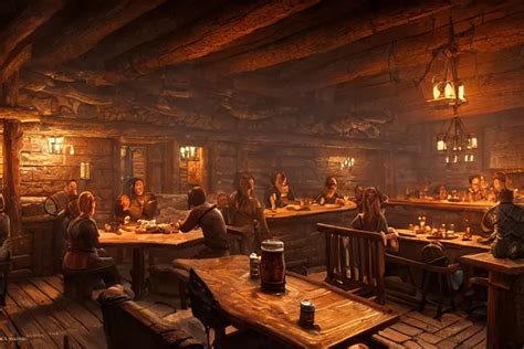 interior of a cozy skyrim tavern. food and beers on | Stable Diffusion