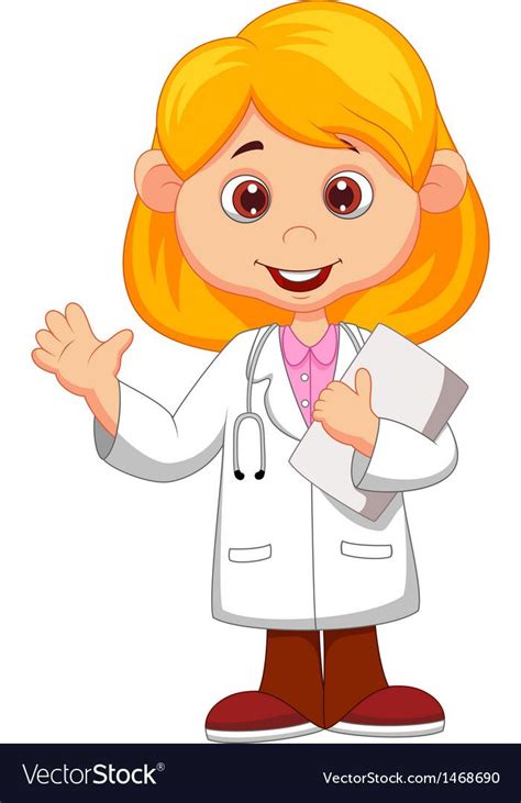 Vector illustration of Cute little female doctor cartoon waving hand ...