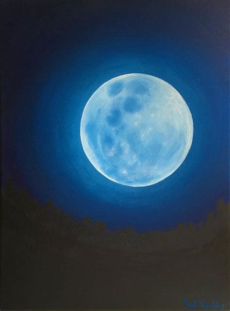 Blue Moon Painting, Celestial Art, Glowing Moon Wall Art, Bright Moon ...