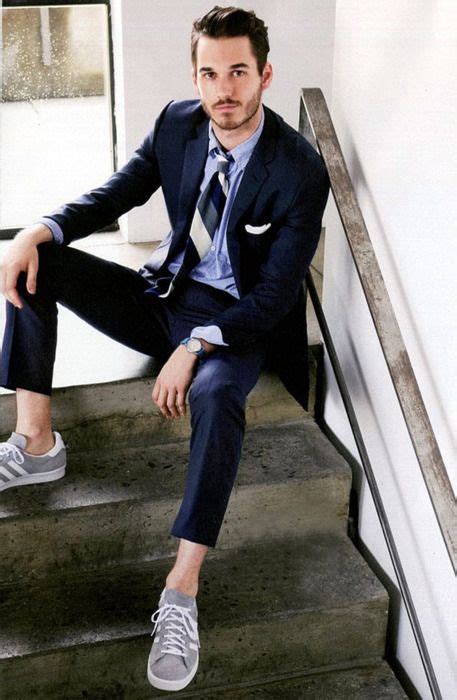 Men's Navy Suit, Light Blue Dress Shirt, Grey Low Top Sneakers, Navy ...