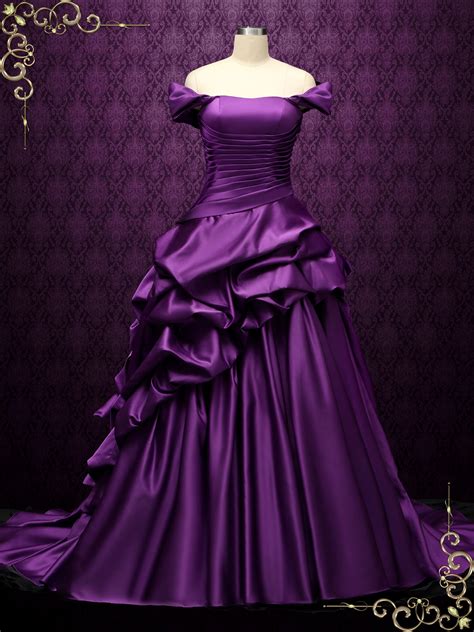 Off the Shoulder Purple Wedding Dress with Black Ruffles | ELA