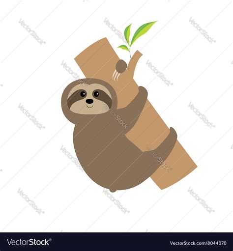 Sloth hugs tree branch cute cartoon character wild