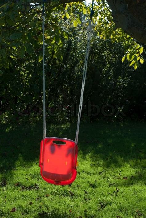 Red garden swing hanging in tree over ... | Stock image | Colourbox