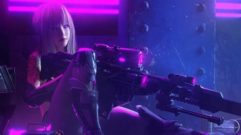 Wallpaper : sniper rifle, long hair, neon, digital art, futuristic ...