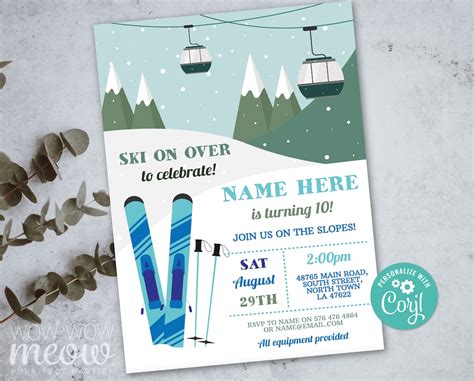 Ski Invitation Birthday Skiing Party Winter Snow Acres INSTANT DOWNLOAD ...