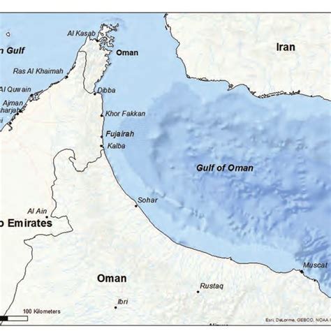 Location map showing main departure port (Kalba) in relation to gulf of ...