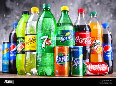 POZNAN, POLAND - APR 6, 2018: Bottles of global soft drink brands ...