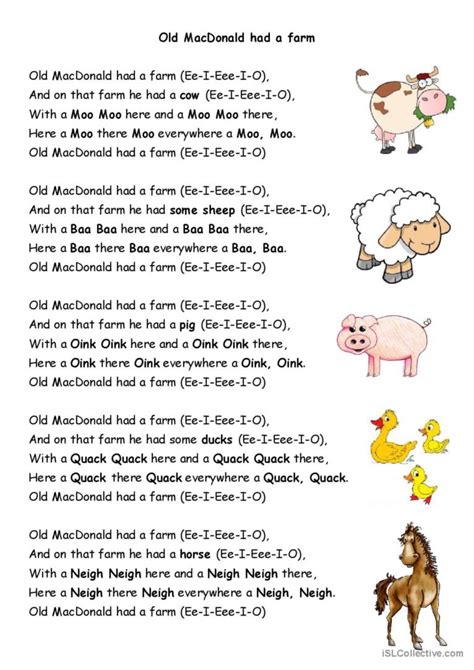 Old MacDonald had a farm song and nu…: English ESL worksheets pdf & doc