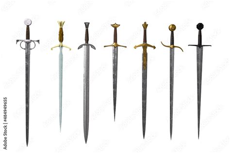 Collection of medieval fantasy swords. 3D rendering isolated on white ...