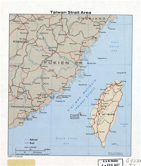 Large detailed map of Taiwan Strait Area with roads, railroads and ...