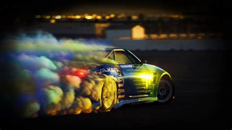 Wallpaper : night, sky, vehicle, smoke, yellow, Drifting, sports car ...