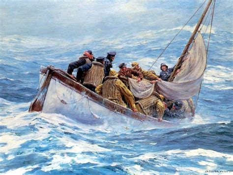 a painting of men on a boat in the ocean