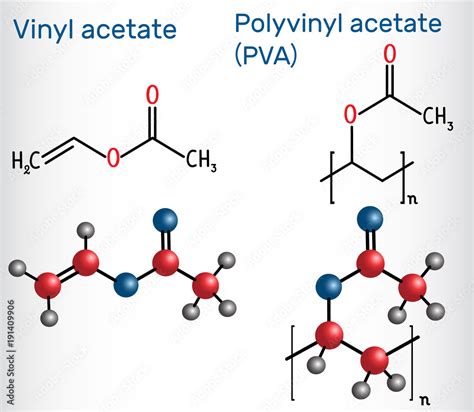 Polyvinyl acetate (PVA) polymer and vinyl acetate monomer molecule ...