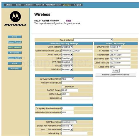 Motorola SBG6580 Screenshot Wireless Guest Network