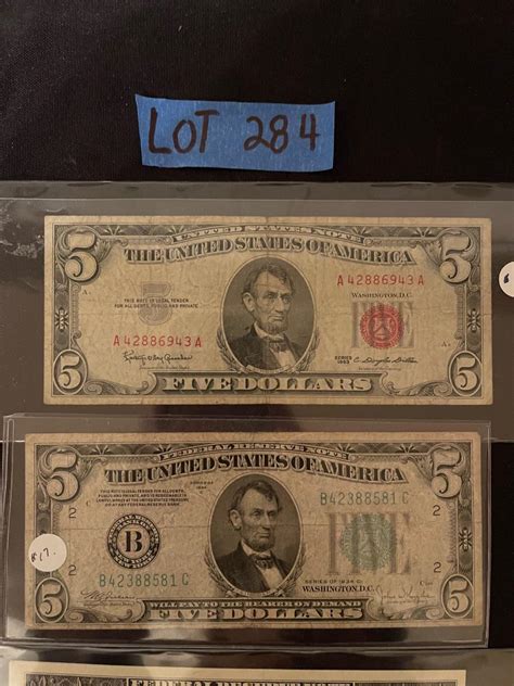 (2) Vintage Lincoln $5 dollar bills, (1) 5 star notes uncirculated $1 ...