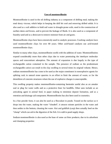 Different uses of Montmorillonite - Docsity