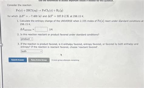 Solved Consider the reaction Fe(s)+2HCl(aq)→FeCl2(s)+H2(g) | Chegg.com