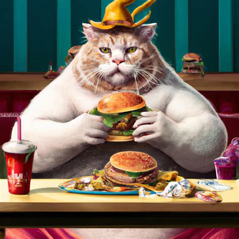 A fat cat wizard eating a hamburger icha hamburger a...