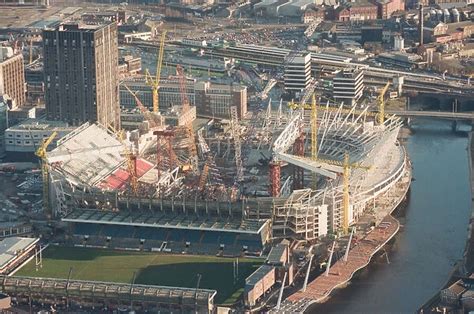 Aerial views of the Millennium Stadium under construction