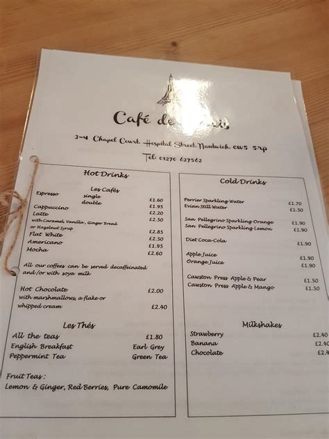 Menu at Café De Paris cafe, Nantwich