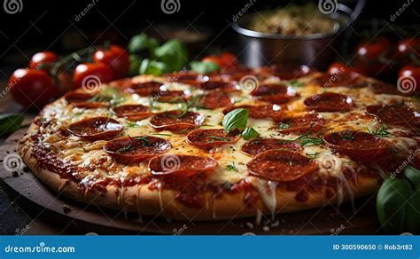 Pepperoni Pizza with Mozzarella, Tomato and Basil Stock Illustration ...