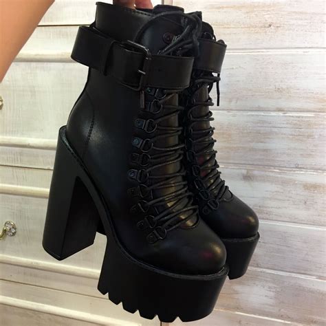 Black Square Heels Platform Boots Ankle Boots Female Lace Up Women ...