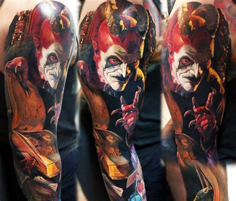 Colored horror style massive sleeve tattoo of devil with spell book ...