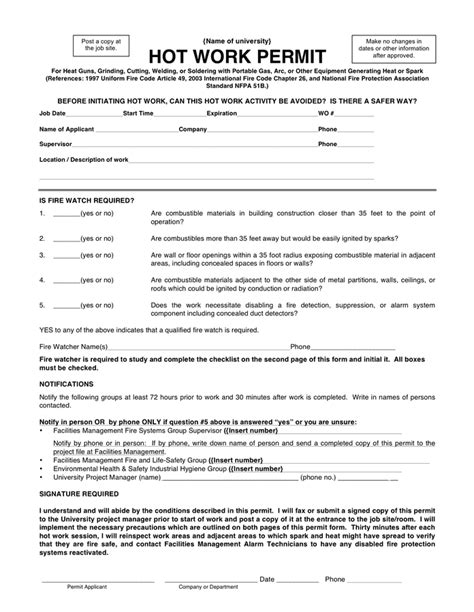 Hot work permit form in Word and Pdf formats