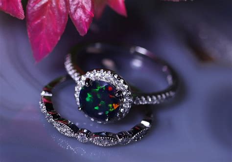 Black opal bridal set, opal halo ring, opal engagement ring, black fire ...