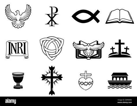 Christian icons and symbols: dove, Chi Ro, fish symbol, bible, INRI ...