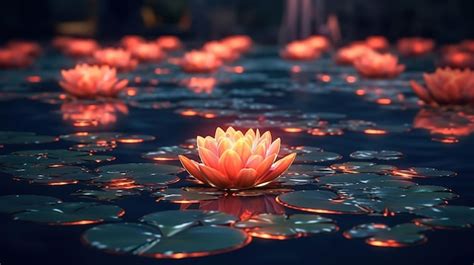 Premium Photo | A pond with water lilies and a glowing orange lotus flower