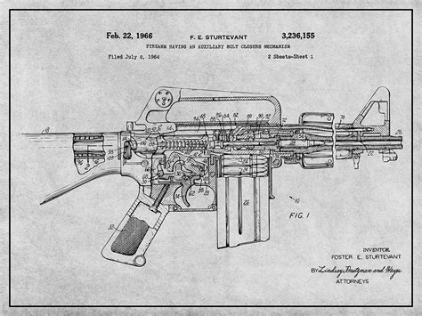 1966 AR15 Assault Rifle Patent Print, M-16, Gray Drawing by Greg ...