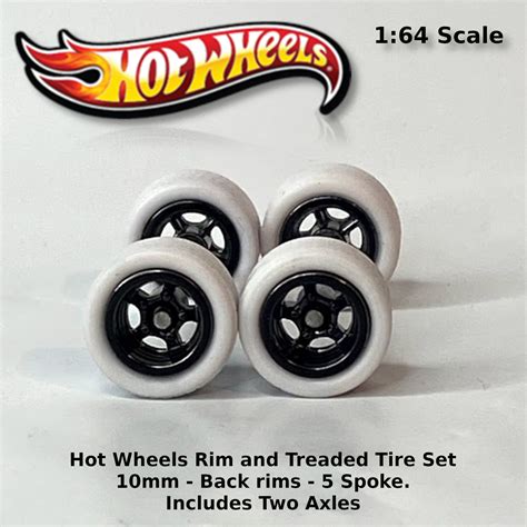 Hot Wheels 10mm/10mm White and Black rims 5 spoke Treaded rubber tire ...