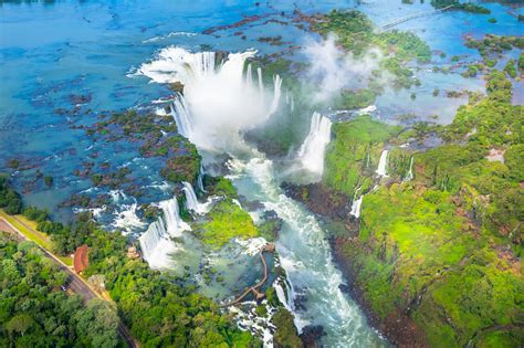 Beautiful aerial view of Iguazu Falls from the helicopter ride, one of ...