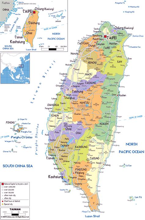 Large political and administrative map of Taiwan with roads, cities and ...